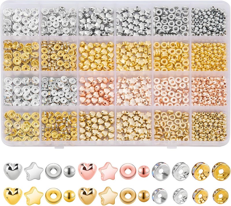 Goldwise Spacer Beads for Jewelry Making, 1280pcs Assorted Round Star Rondelle Heart Gold and Silver Beads for Bracelet Jewelry Making & DIY Crafts - Image 1